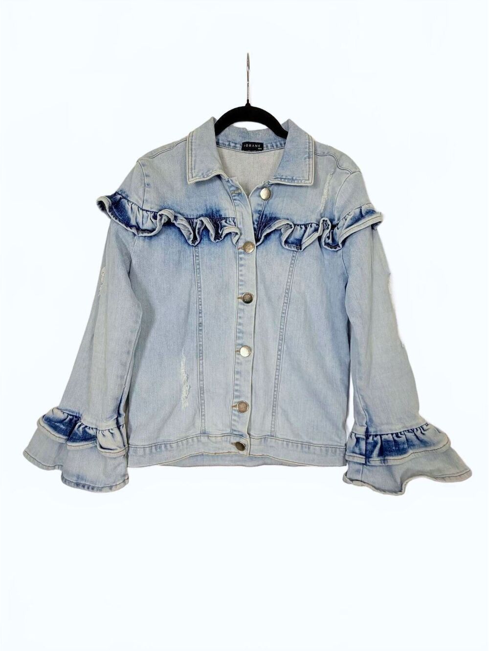 Iorane Ruffle Bell Sleeve Distressed Light Denim Stretch Jacket Sz M